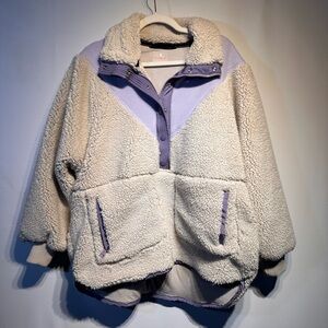Free People Cream Sherpa Pullover with Lavender Zip Trim